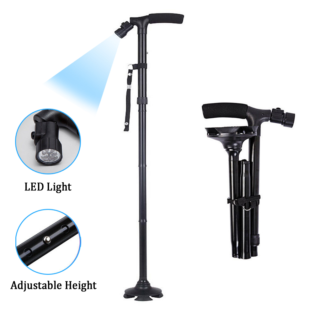 Portable Handle Walking Cane Walking Stick Folding LED Safety 4 Head Pivoting Trusty Base Black - image 3 of 10
