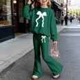 thumbnail image 2 of XEGLSBU Girls Valentines Day Outfit Size 7 Girls Long Sleeve Crew Neck Top with Bow Print and Flare Pants Outfit Casual 2 Piece Dark Green Size 7-8 Years, 2 of 4