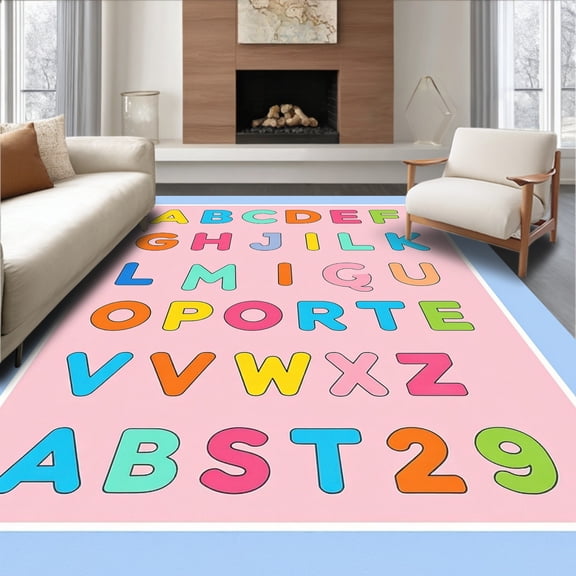 ODIKA 4'x6' Machine Washable Non-Slip Area Rug, Elementary Alphabet Learning Fun Machine Educational Play High Traffic Rug, Pink, 688246