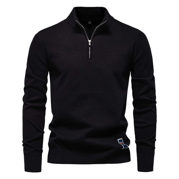GBSYEWXS Pullover Sweater For Men Long Sleeve Solid Color Zip-Up Gentleman Fashion Collared Sweaters Black