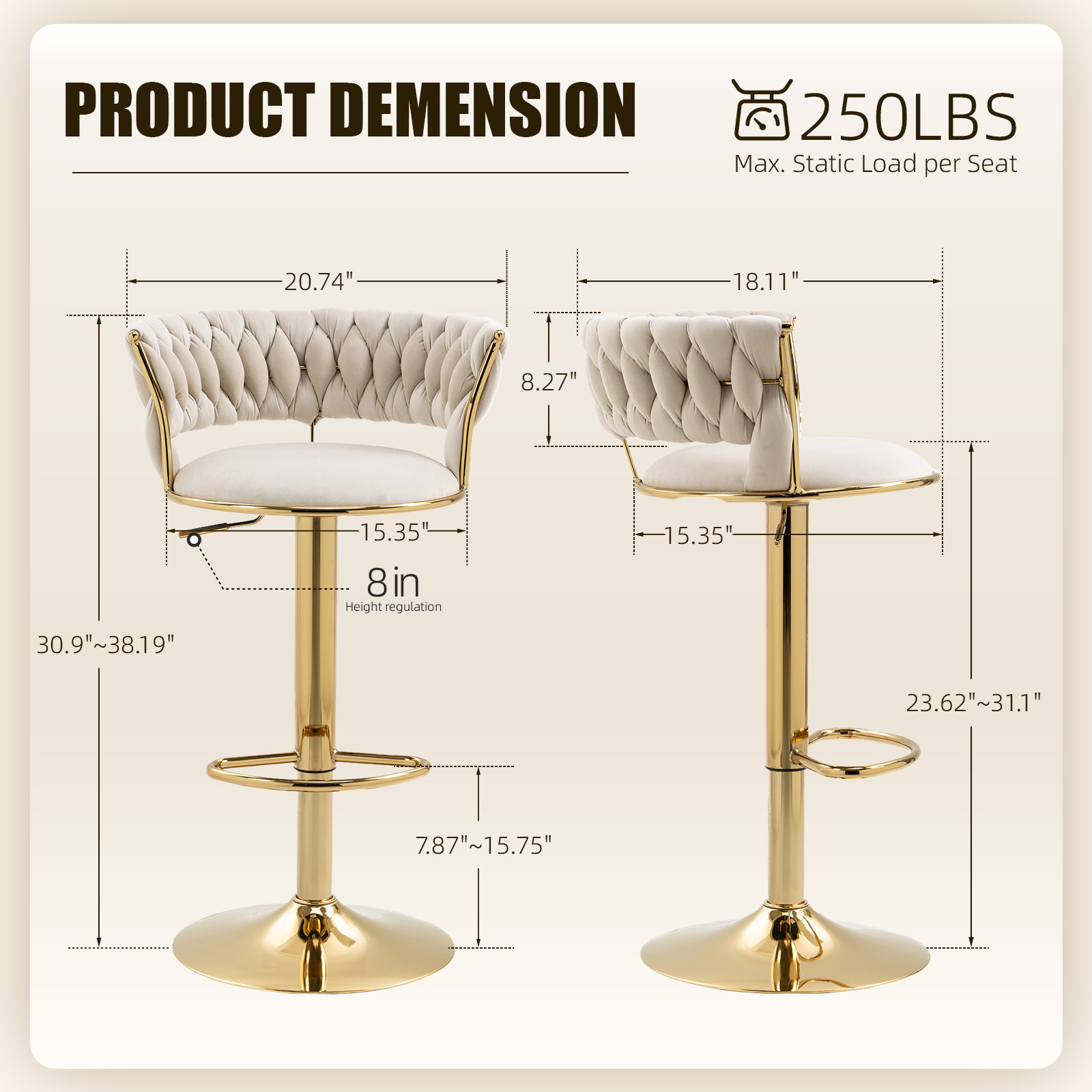 MOONMISS Velvet Upholstered Adjustable Height Swivel Armless Bar Stools with Golden Footrest(set of 2)-Ivory