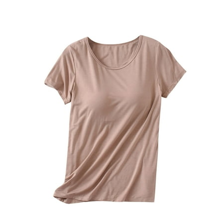 WMTBSRSW Clearance Women s Women s Sleep T-Shirt Built-in Padded Bra Pajamas Top Crewneck Active Tops Soft Pjs Tshirts Loose Comfy Lounge Pajamas Shirt