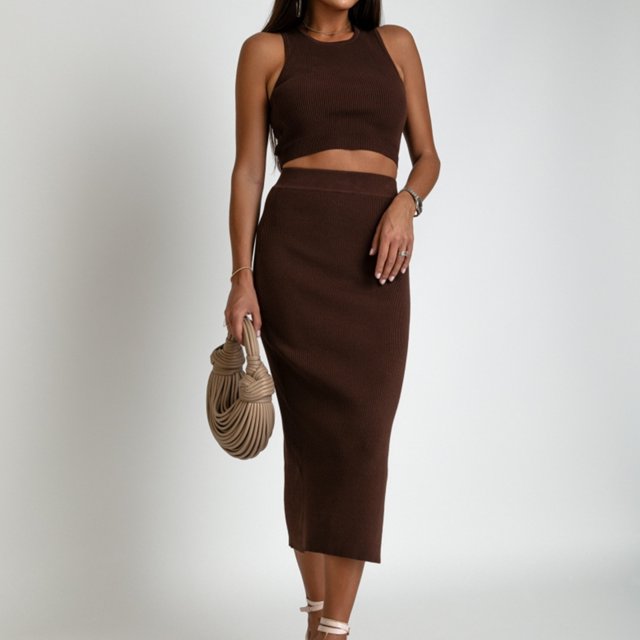 Falda Conjunto de falda con abertura ajustada para mujer, 2 uds., Top corto + faldas, ropa informal ajustada para mujer Ygjytge Marrón T S para Mujer
