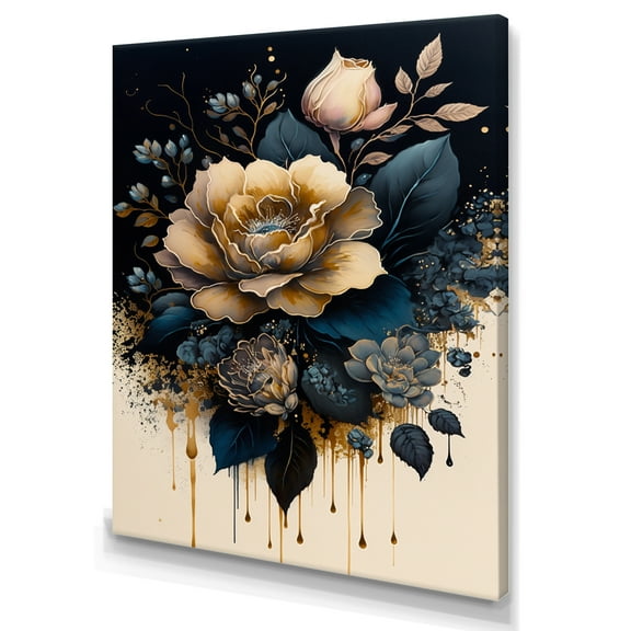 Designart Navy Blue And Gold Rose I Canvas Wall Art