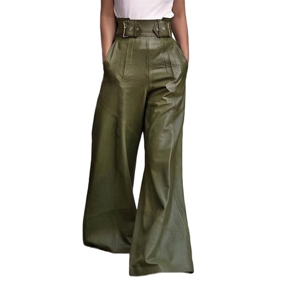 Women'S Faux Leather Pants PU High Waist Wide Leg Pants with Pockets Pleated Going Out Trousers Green S