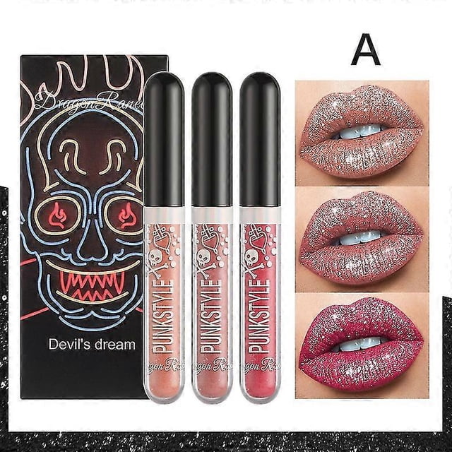 Elecool 3pcs Glitter Lipstick Set Waterproof Sexy Blue Purple Black Lip Gloss Shiny Lip Tint
