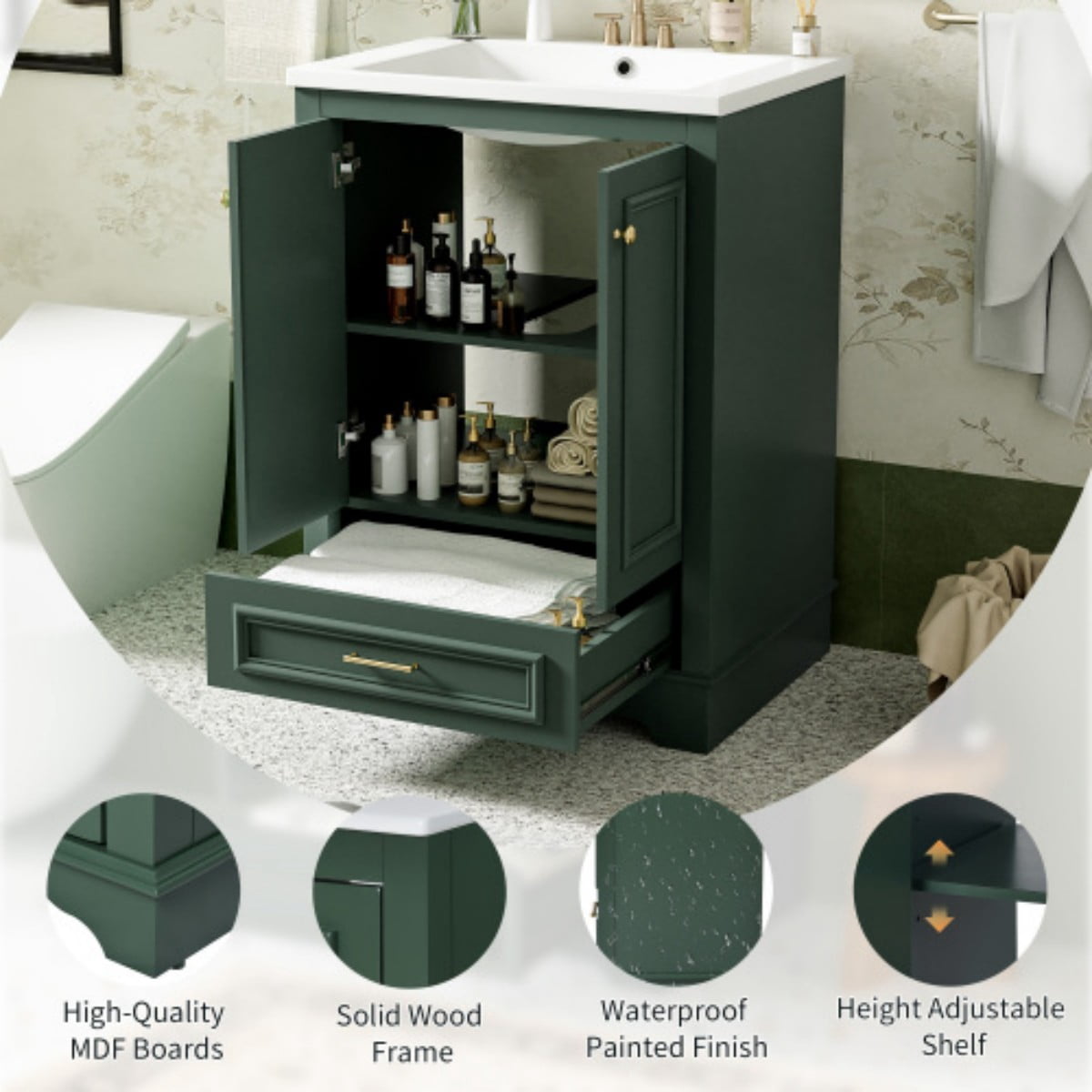 24" Bathroom Vanity with Ceramic Sink, Freestanding Bathroom Cabinet with Storage, Soft Close Doors, Adjustable Shelf, Silver Handles, Green