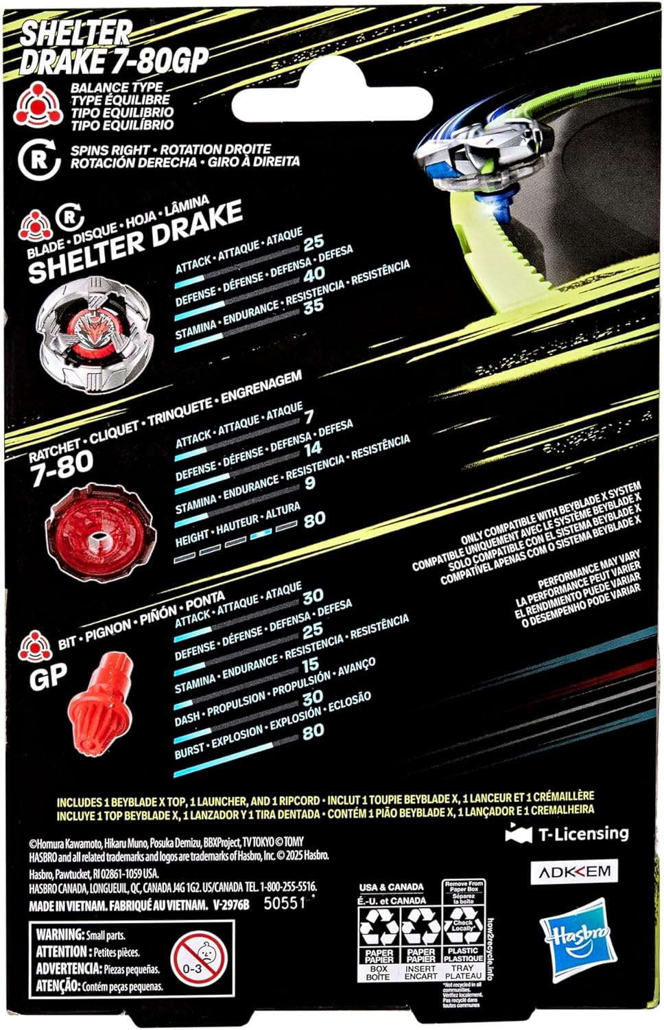 Beyblade X Shelter Drake 7-80GP BX Starter Pack Set with Balance Type Top & Launcher, Ages 8+