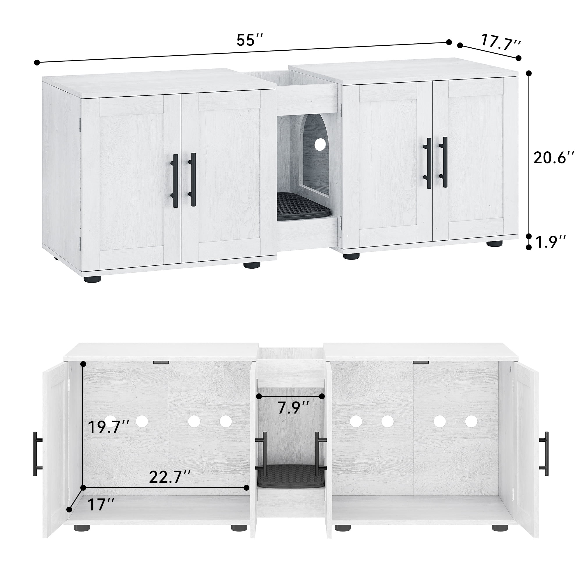 M optimized Litter Box Enclosure for 2 Cats, Cat Hidden Litter Box Enclosure Furniture with Double Room, Wooden Enclosed Cat Litter Box Furniture