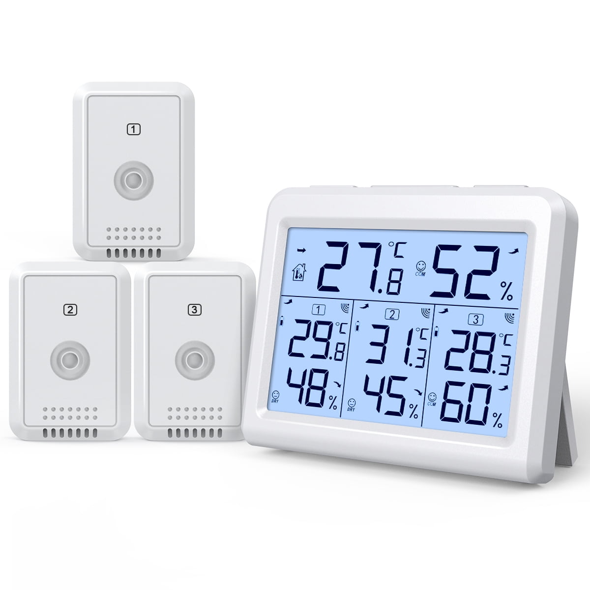 3 Sensor Digital LCD Thermometer Hygrometer Home Outdoor Temperature @ Humidity 