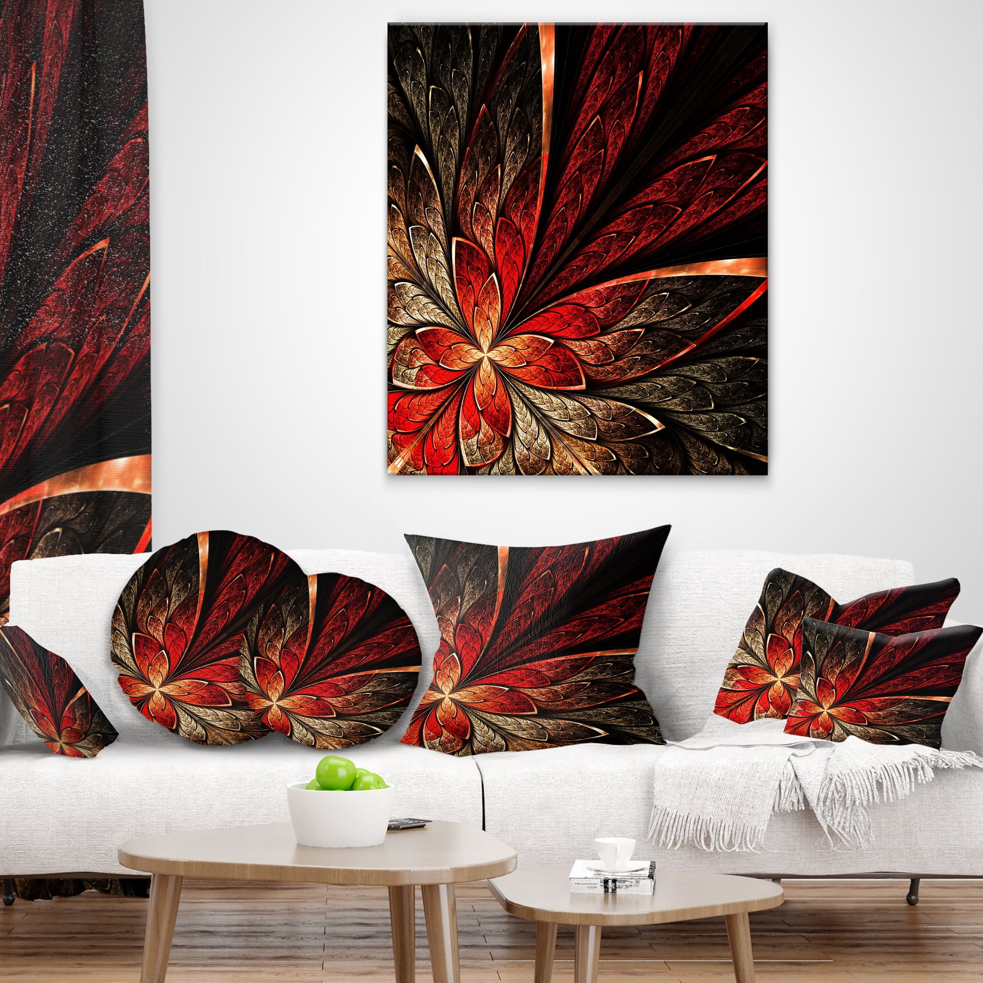 Designart Fractal Flower in Yellow and Red - Floral Throw Pillow - 16x16