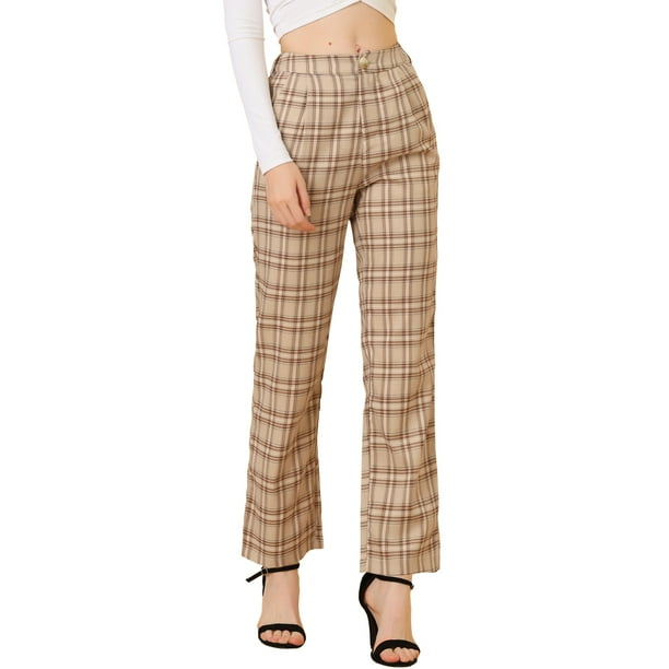 INSPIRE CHIC Pantalones a cuadros casuales para mujer, bolsillos, pierna recta, trabajo, oficina, pantalones Marrón caqui claro XS