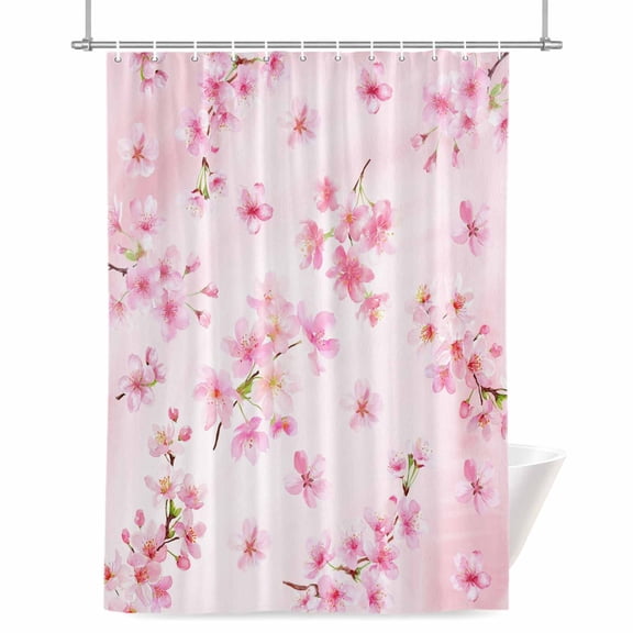 Pink Floral Shower Curtain, Spring Pink Cherry Blossom Flowers Branches Gradient Pink Waterproof Shower Curtain Set with 12 Hooks Lightweight Bath Curtains Fabric Bathroom Decor 36x72 Inches