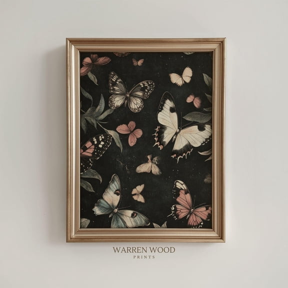 Vintage Butterfly Print, Washed Black & Pink Wall Art, Moody Botanical, Rustic Elegant Decor, Dark Floral Aesthetic Home Decor #1414, Unframed Poster Size 8x12