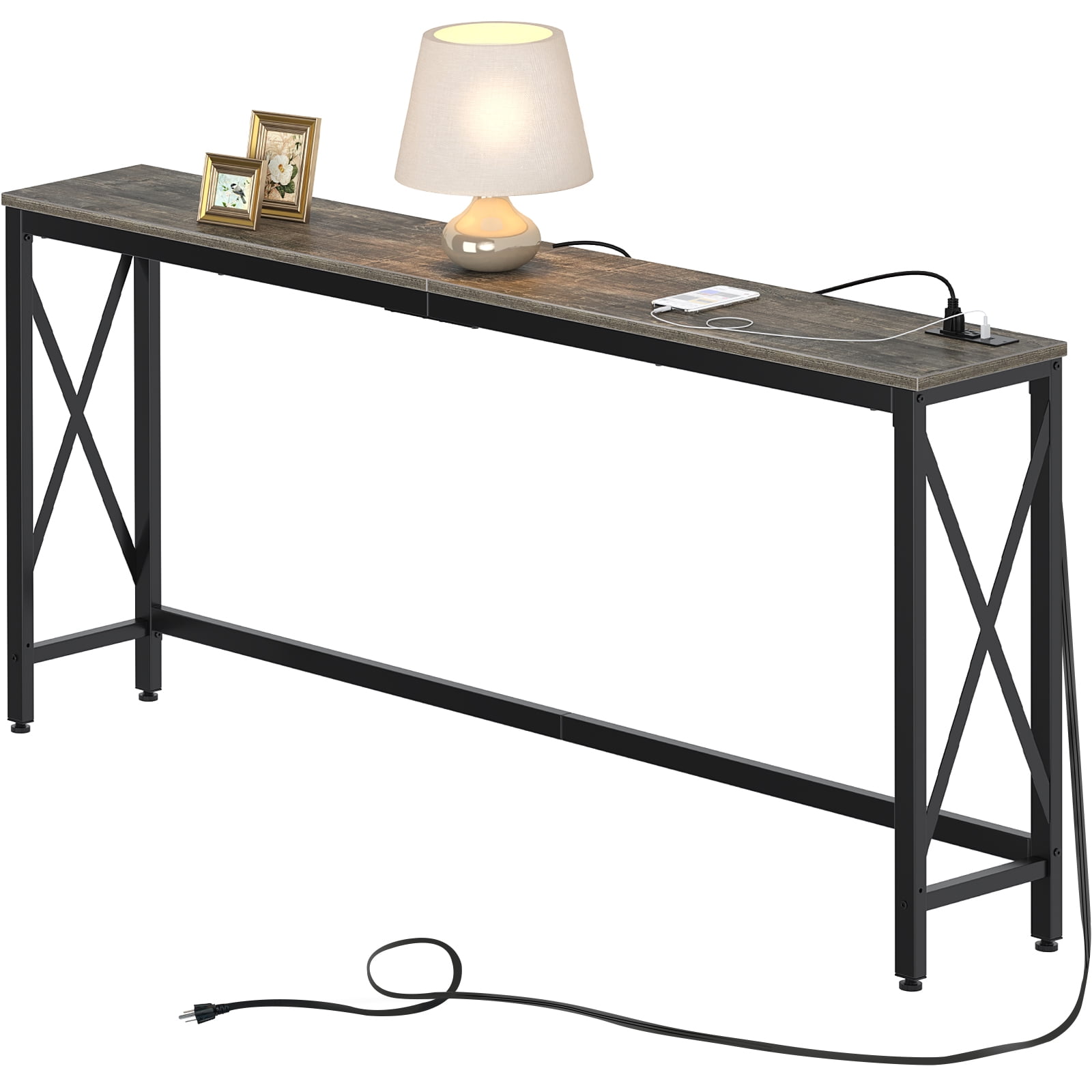 Rolanstar Console Table with Power Outlet,Retro Narrow Sofa Table,70