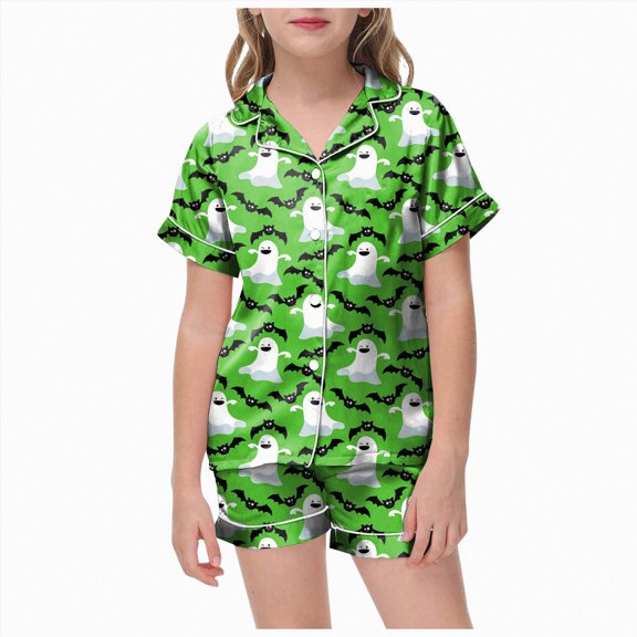 TOWED22 Halloween Pajamas Girl Silk Pajamas Button Up Shirt and Shorts Satin Pajama Set 2 Piece Loungewear Sleepwear Outfit Sets for 2-13 Years(Green,4-5 Y)