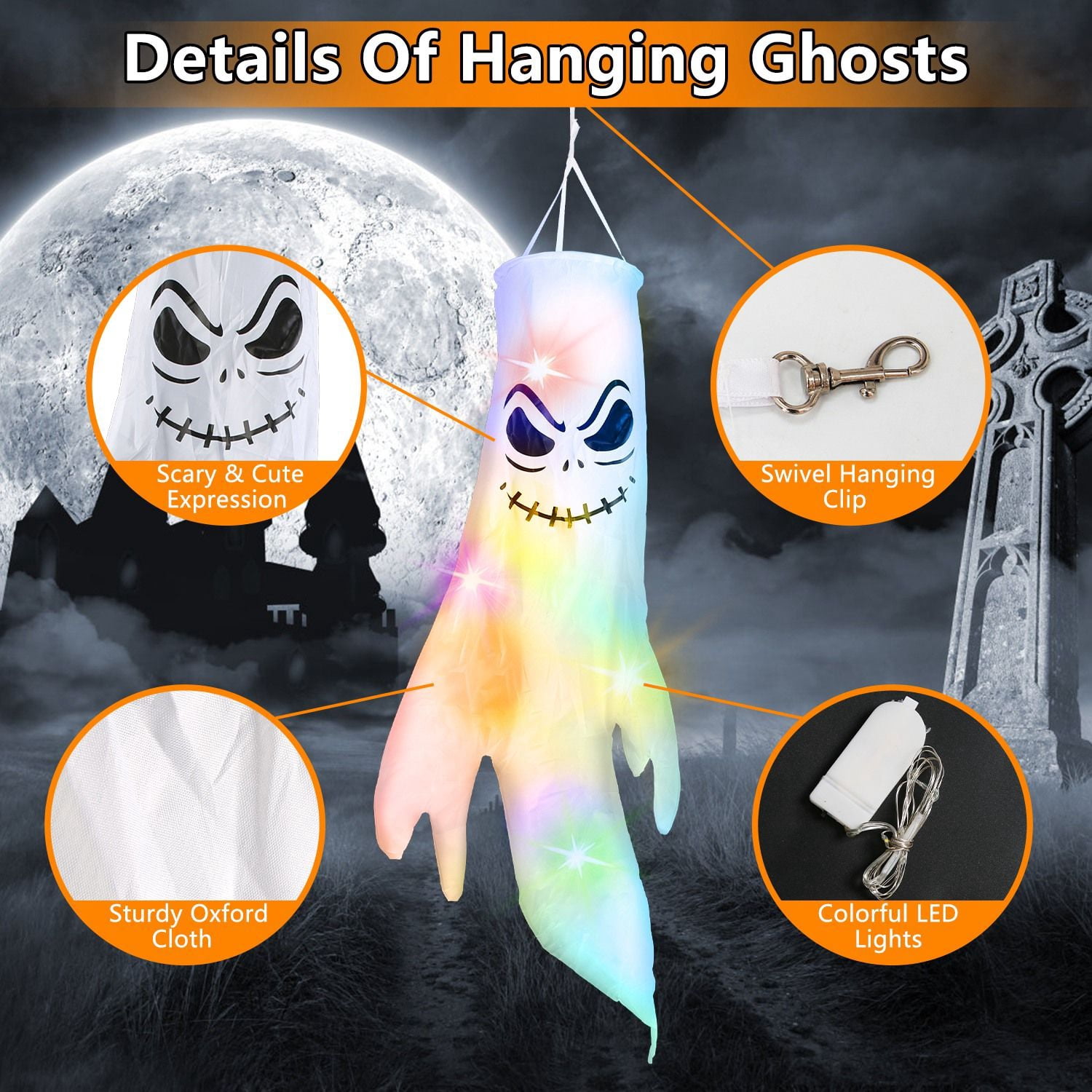 4Pcs Hanging Ghost Windsocks with Witch Hats LED String Lights Halloween Outdoor Decor