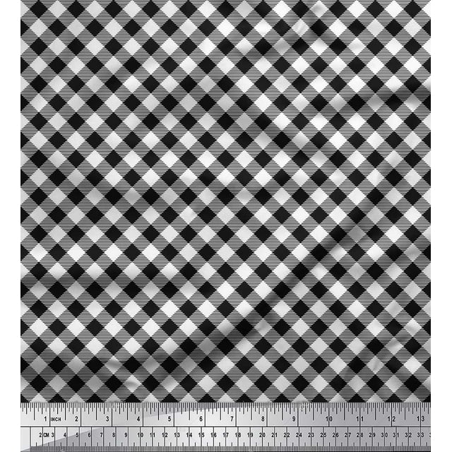 Soimoi White Cotton Cambric Fabric Diagonal Check Print Sewing Fabric Yard 56 Inch Wide