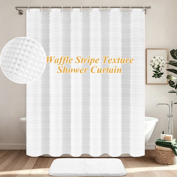 FRAMICS Heavy-Duty Waffle Shower Curtain Sets with Rug, 14-Piece Waterproof Fabric Bathroom Sets with Hooks, Hotel Quality, Machine Wash, 71.3" x 71.3" White