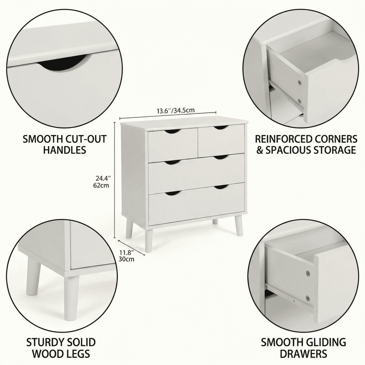 Slevoo 4 Drawers Dresser for Bedroom, 24.4''H White Drawer Dresser Nightstand with Solid Wood Legs