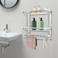 thumbnail image 2 of Wall Mount Bathroom Shelf with 2-Tier Tempered Glass, Stainless Steel Storage Organizer Rack with Towel Bar & 4 Hooks, 44 lbs Load Capacity for Shampoo Soap Towels, Adhesive or Drill Mounting, Silver, 2 of 9