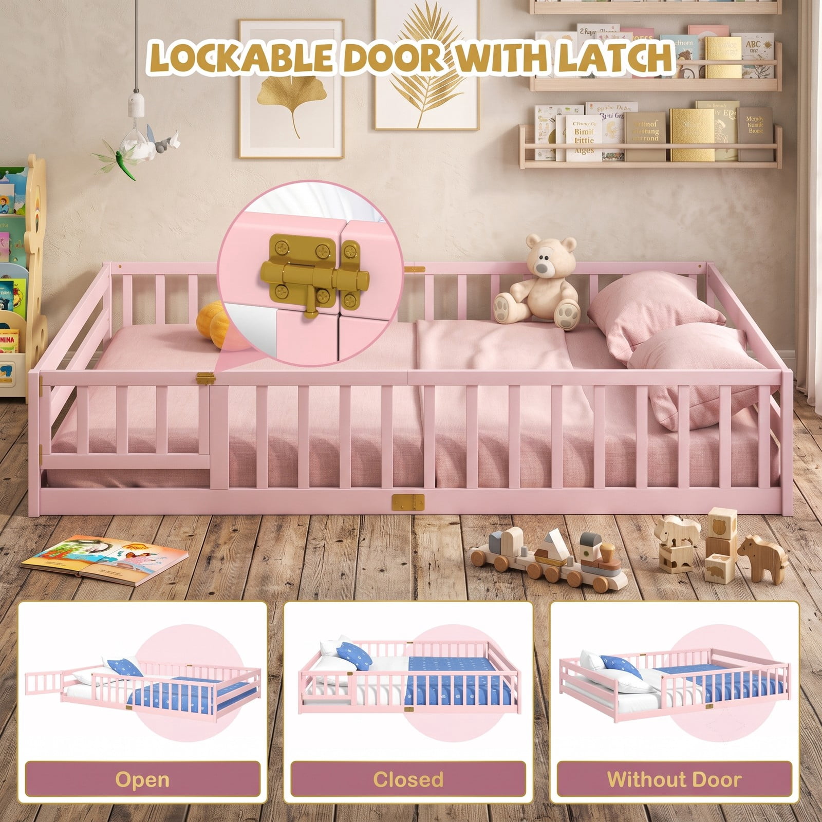 Furnibear Queen Size Wood Montessori Floor Bed Frame with Full Length Guardrails and Lockable Gate, Queen Bed Frame for Kids Bedroom, Pink