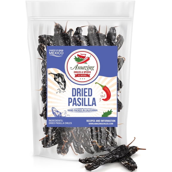 Pasilla Chiles Dried 4 oz - Staple in Mexican Cooking - Moles, Sauces, Stews, Salsa, Mild Heat - Pungent and Tangy Flavor