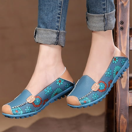 

Christmas Women s comfortable leather printed flat casual peas shoes loafers walking shoes