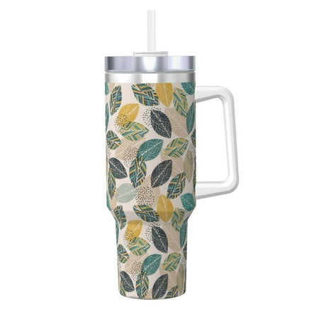 

Goofa Vintage Leaves Print 40oz Ice Bully With Handle And Straw Stainless Steel Vacuum Insulated Cup And 2 In 1 Straw Lid