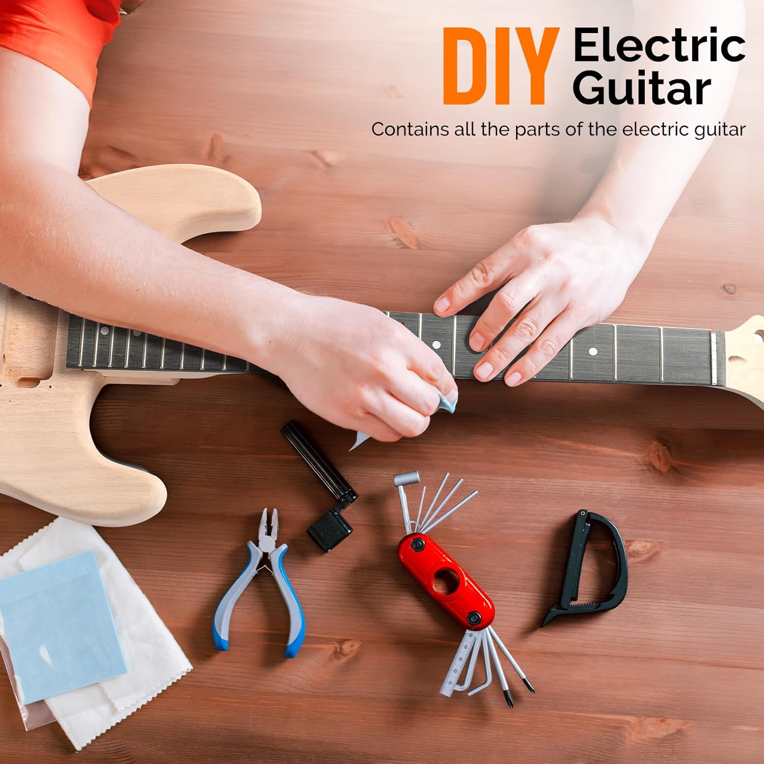 Glarry DIY Electric Guitar Kit, 6 Strings Guitar Kit with Mahogany Wood Body Maple Neck for Beginner, All Components Included Build Your Own Guitar (Burning Fire)