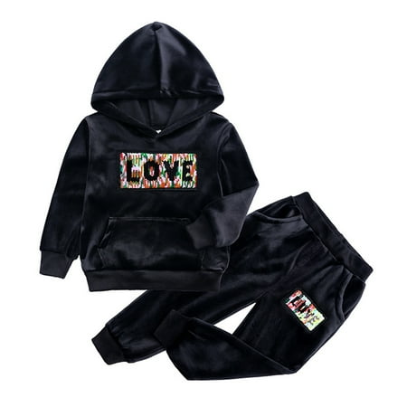 

Kids Autumn Winter Letter Cotton Long Sleeve Pants Hooded Sweatshirt Set Clothes