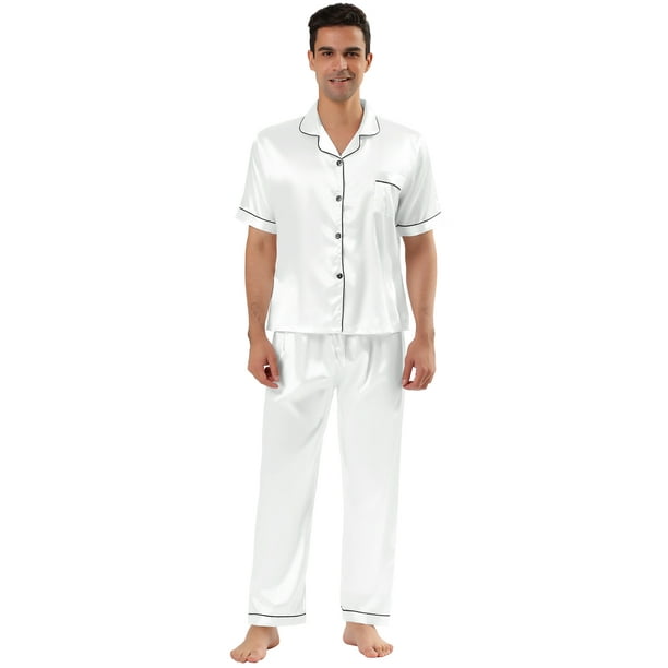 Pijama de satén clásico para hombre, manga corta, con botones, ropa de dormir, ropa de dormir, pijama blanco M
