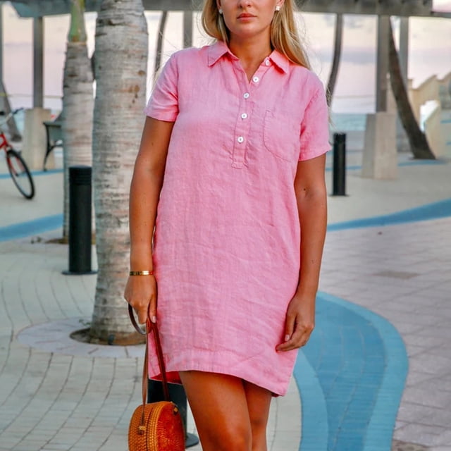 Pisexur Robe à Manches Courtes à Col en V Longueur Genou Mode Femmes Automne Uni Décontractée Col Rabattu Manches Courtes Vacances Boutons Poches Robe Femmes Robe en Liquidation