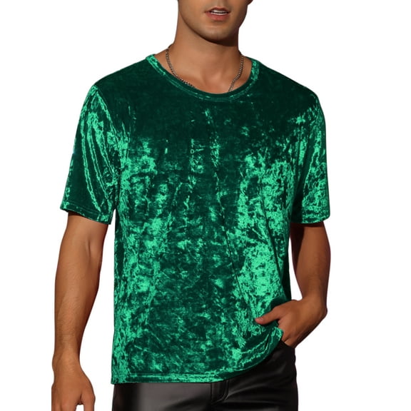 INSPIRE CHIC Velvet T-Shirt for Men's Classic Short Sleeve Crew Neck Tee Tops Shirts Dark Green M