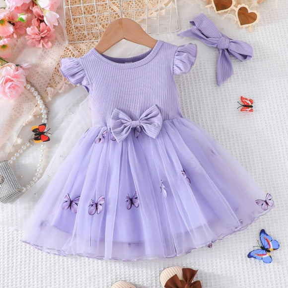 SXcggal One Toddler Girls Fly Sleeve Dresses Headbands Set Breathable Cute Casual Girl Dress
