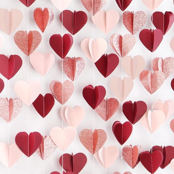 Rose-Gold Pink Burgundy-Red Party-Decorations Garland - 52Ft Heart Paper Streamers Banner, Valentines Mothers Day Bachelorette Bridal Shower Engagement Wedding Hanging Decoration Lasting Surprise