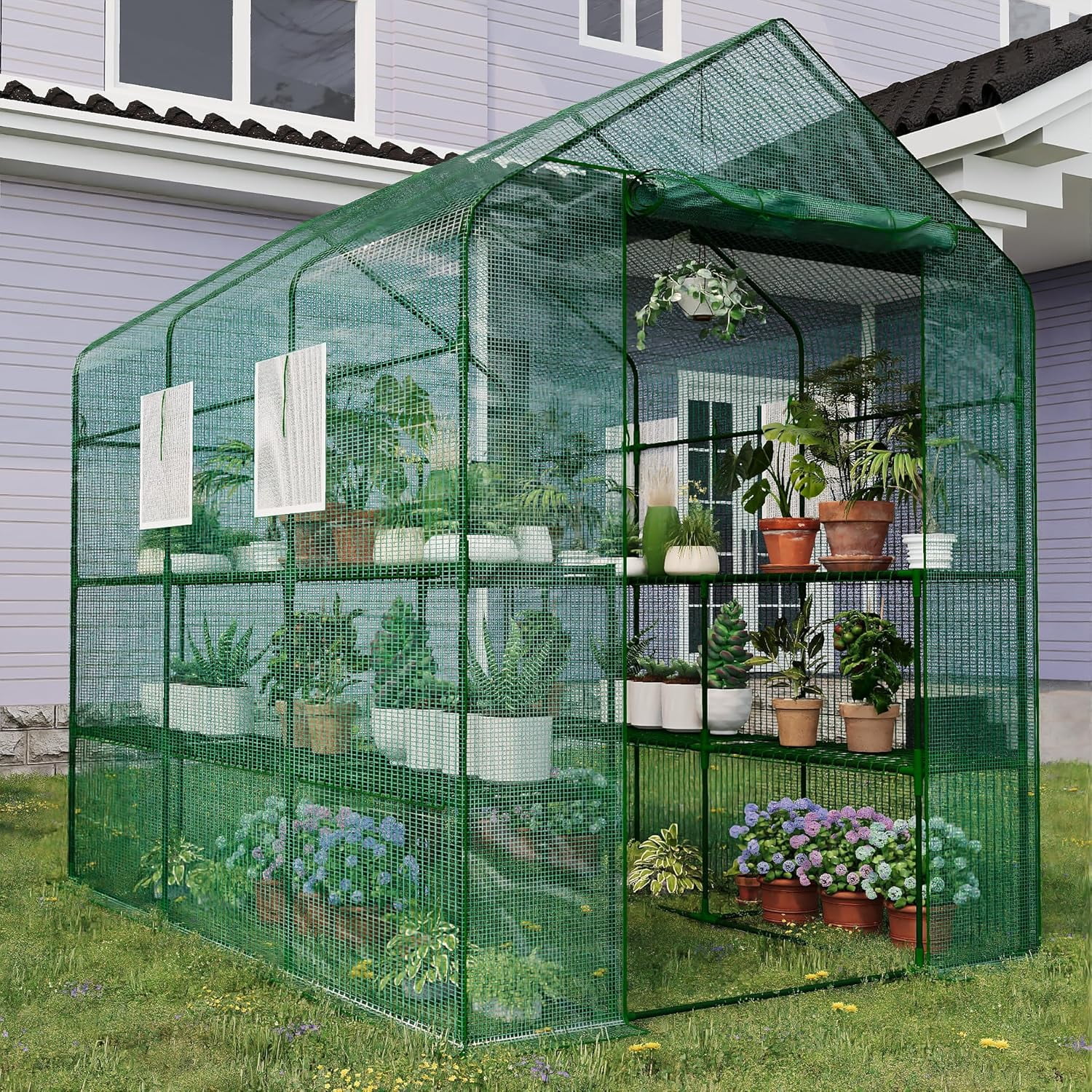 Lumiparty Large Outdoor Walk-In Greenhouse with 6-Tier Shelves, 85"x56"x77", Weatherproof, UV Protected, for Backyard & Patio, Green
