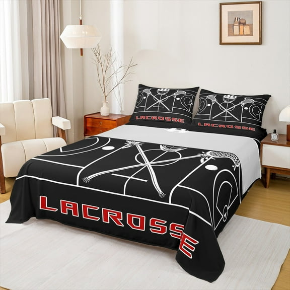 Homewish Lacrosse Queen Sheet Sets 4-Piece for Boys, Gray Black Flat Sheet, Sport Helmet Queen Fitted Sheet, Breathable Home Decor