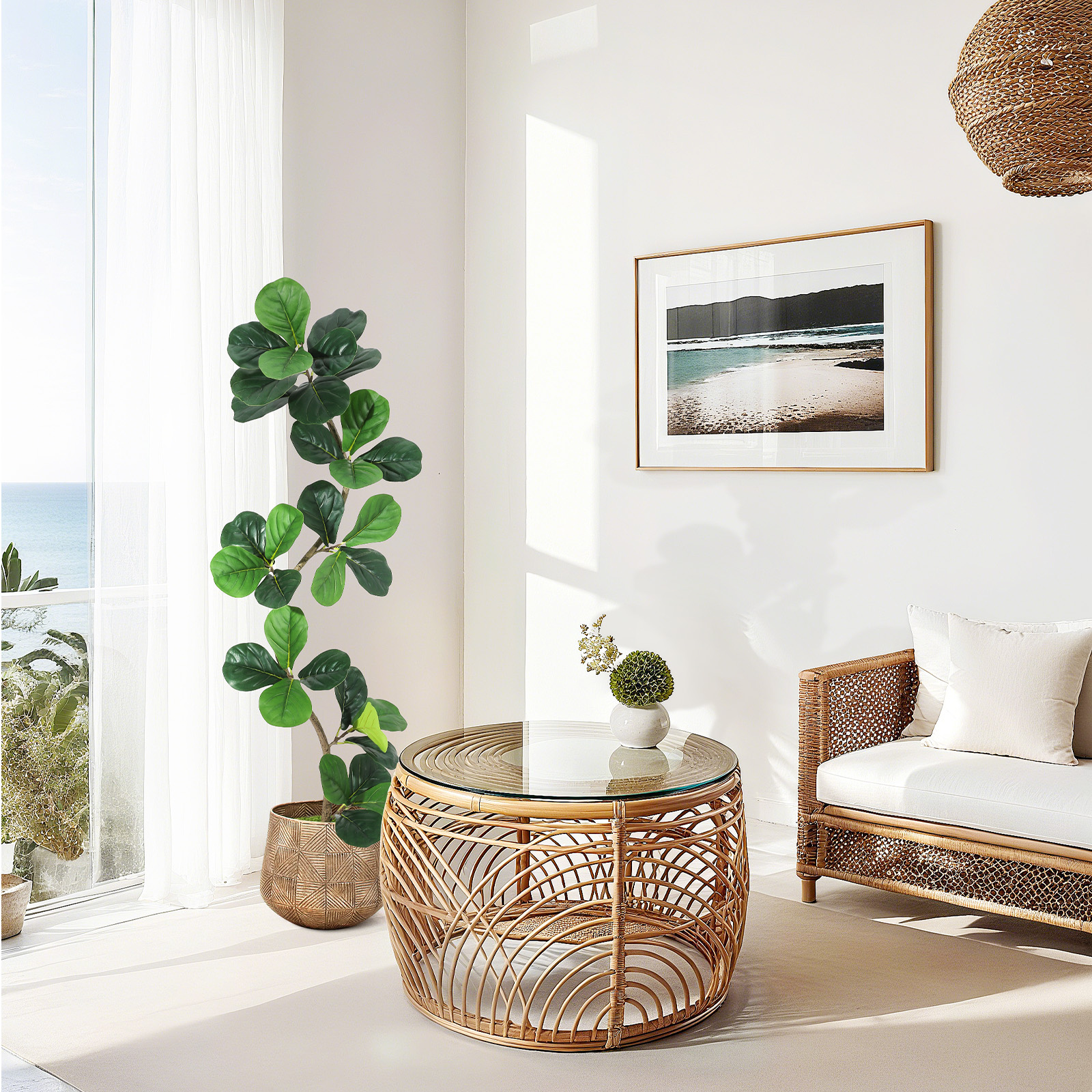Lifelike Fiddle Leaf Fig Tree - Tall Artificial Indoor Plant with White or Grey Planter and Realistic Moss - Stylish Faux Decorative Plant for Home, Office, or Living Room - 5FT