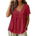 thumbnail image 2 of Uootdi Boho Tops for Women Deep V Neck Short Sleeve Side Hollow Stitch Detail Plain Peplum Tops for Women Relaxed Fit Vacation Airy Womens Tees, 2 of 8