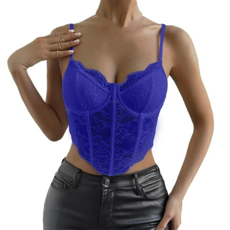 Clearance! Delayuji Womens Tees and Tanks Women s Floral Lace Mesh Corset Vest Spaghetti Strap Tops Going Out Slim-Fit Camisole M Blue