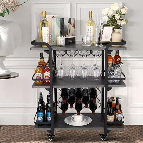 LTMATE 3-Tier Rolling Bar Cart with Wine Storage & Glass Holders, Modern Kitchen Island Trolley, Indoor-Outdoor Serving Cart