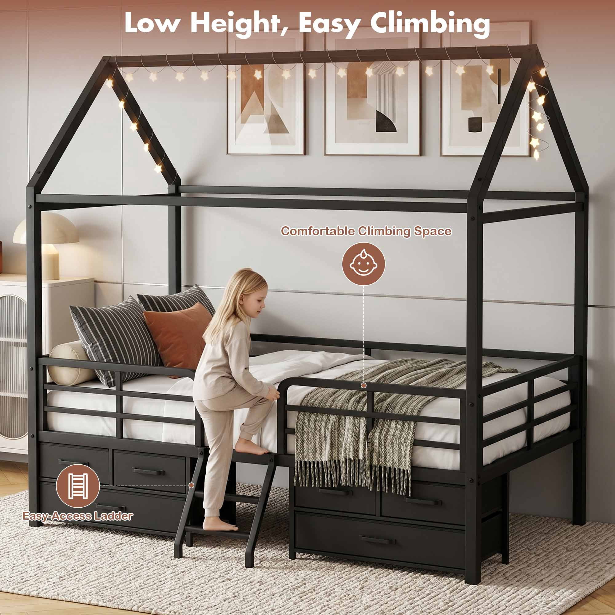 Miniyam Twin House Bed Frame with 6 Storage Drawers and Star Moon Lights, Metal Platform Bed, Black