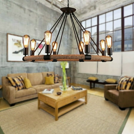 

Ethedeal 8 Heads Retro Vintage Ceiling Light Hemp Rope Iron Round Chandelier for Living Room Bedroom Kitchen Coffee Shop