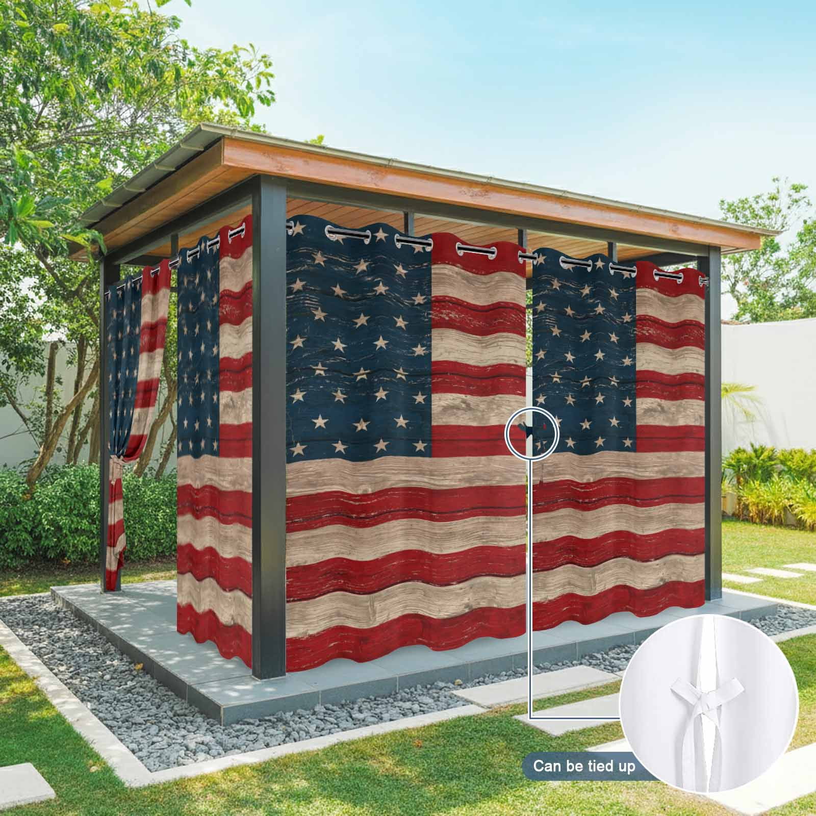 Independence Day Outdoor Curtains for Patio, Patriotic Red Blue American Flag Retro Wood Grain Waterproof Outside Curtains Privacy Blackout Curtain for Porch Pergola Cabana, 2 Panel 54W x 108L Inch