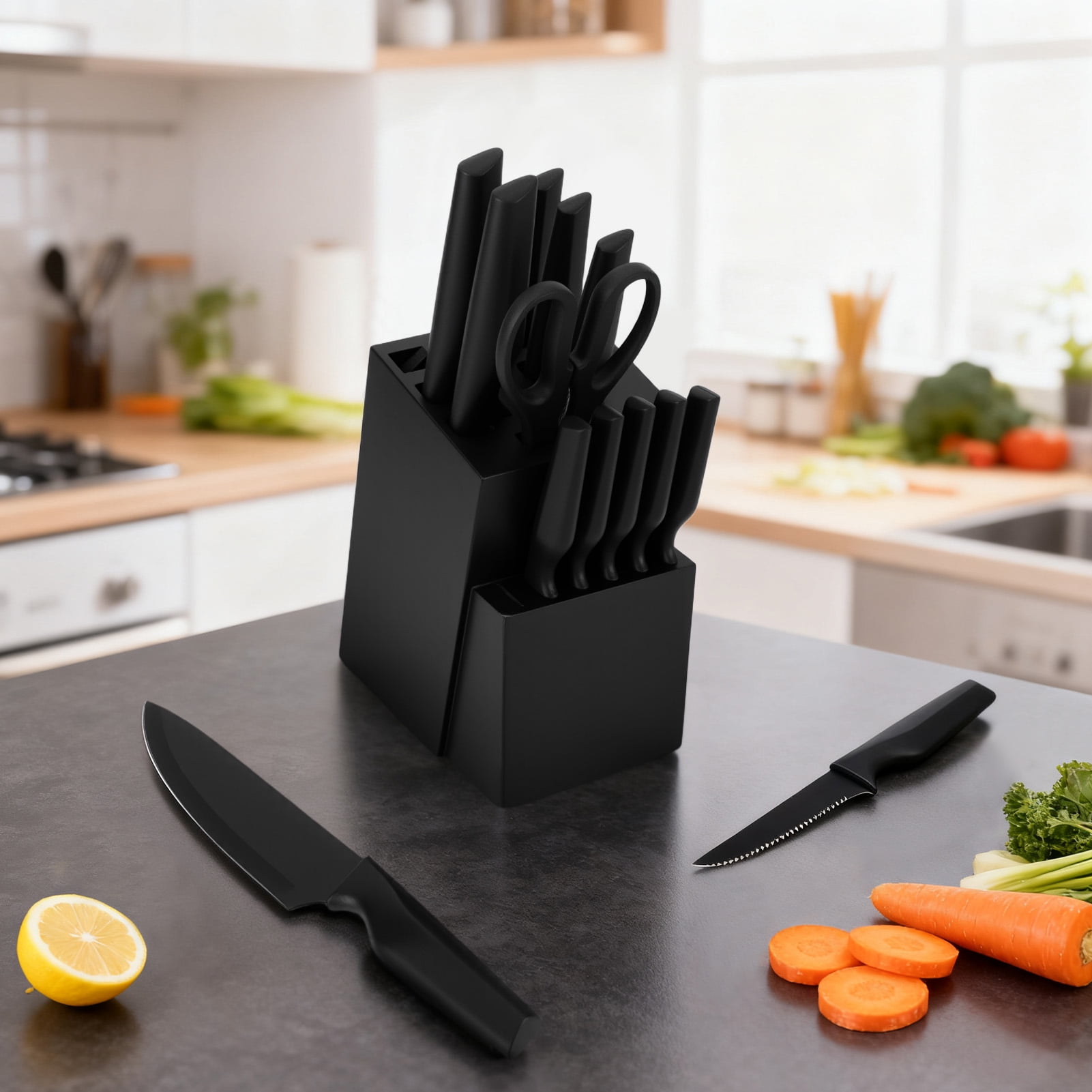 Tebru Kitchen Knife Set, 14 Pcs Knives Block Set with Built-in Sharpener, Healthy Anti-Rust Coating & Stainless Steel Knife Set, Dishwasher Safe Black