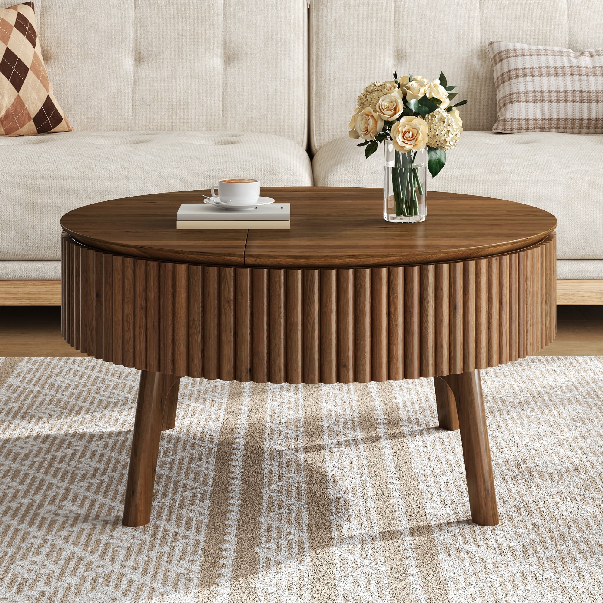 30.3-Inch Round Lift-Top Coffee Table with Half Flip-Top and Hidden Storage, Mid-Century Fluted Wood Center Table and Side Table for Living Room, Walnut