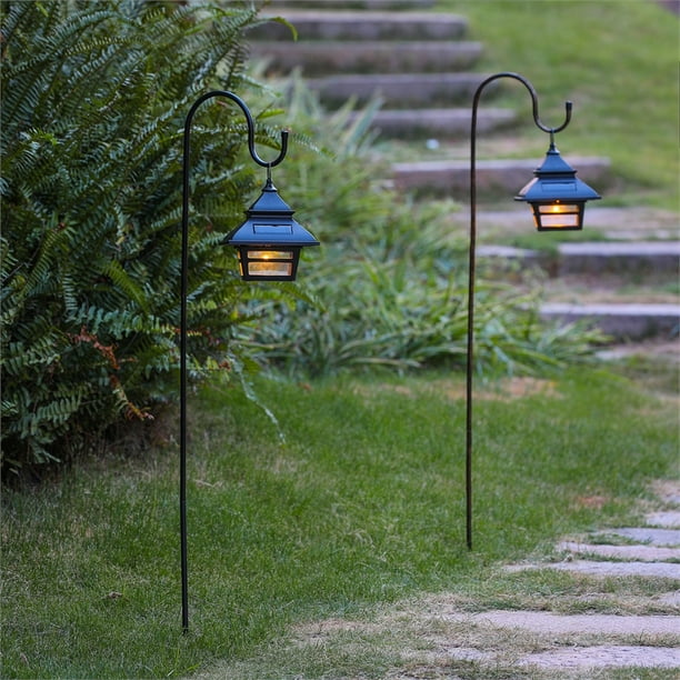 Set of 2 Black Solar Plastic Lanterns with Metal Shepherd Hooks