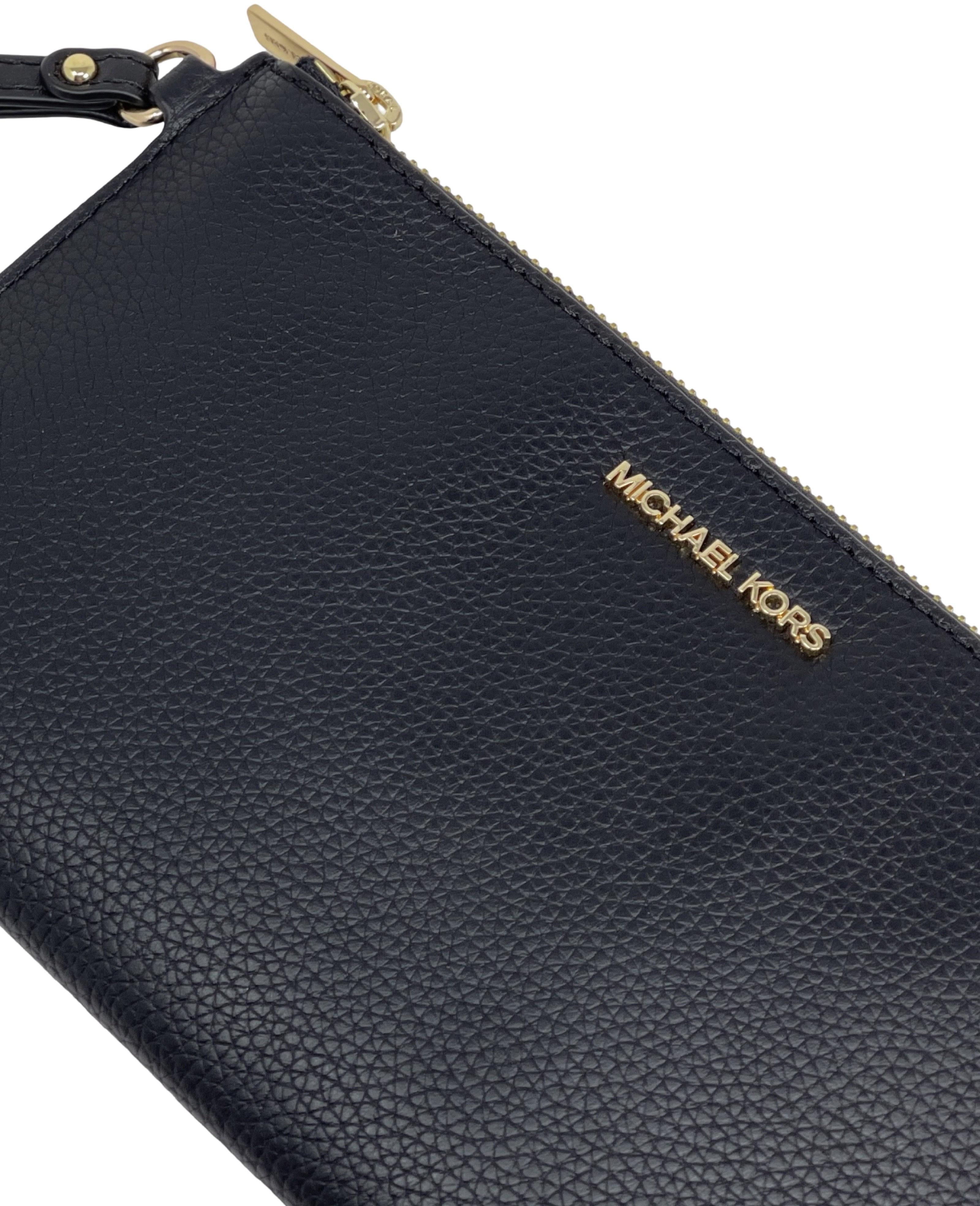 Michael Kors Women's Jet Set Travel Large Top Zip Pebbled Leather Wristlet Pouch (Black)