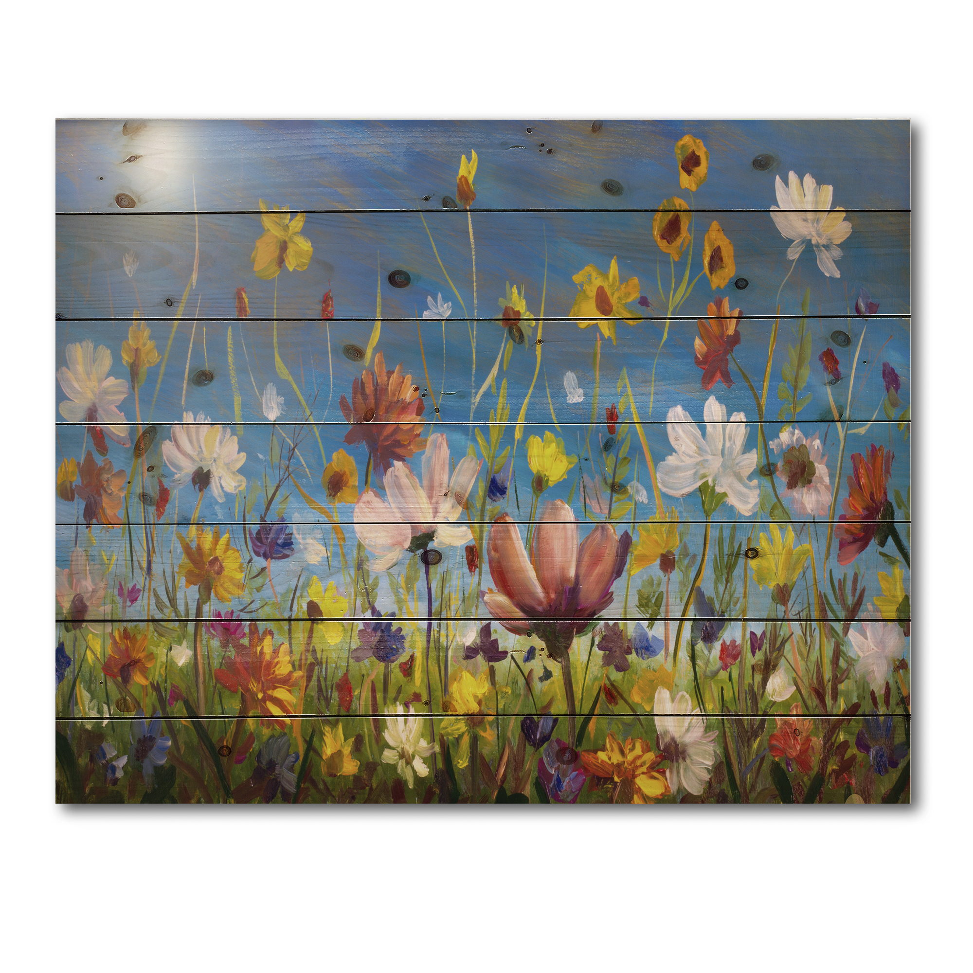 Designart 'Wildflowers and Daisies In Summer Garden Field II' Traditional Print on Natural Pine Wood